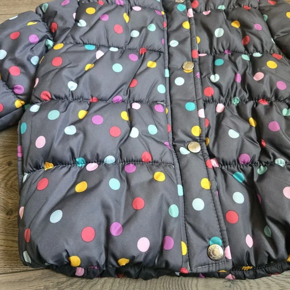 Carters Girls 3T Multicolor Polka Dot Puffer Coat Grey Faux Fur Hooded Jacket